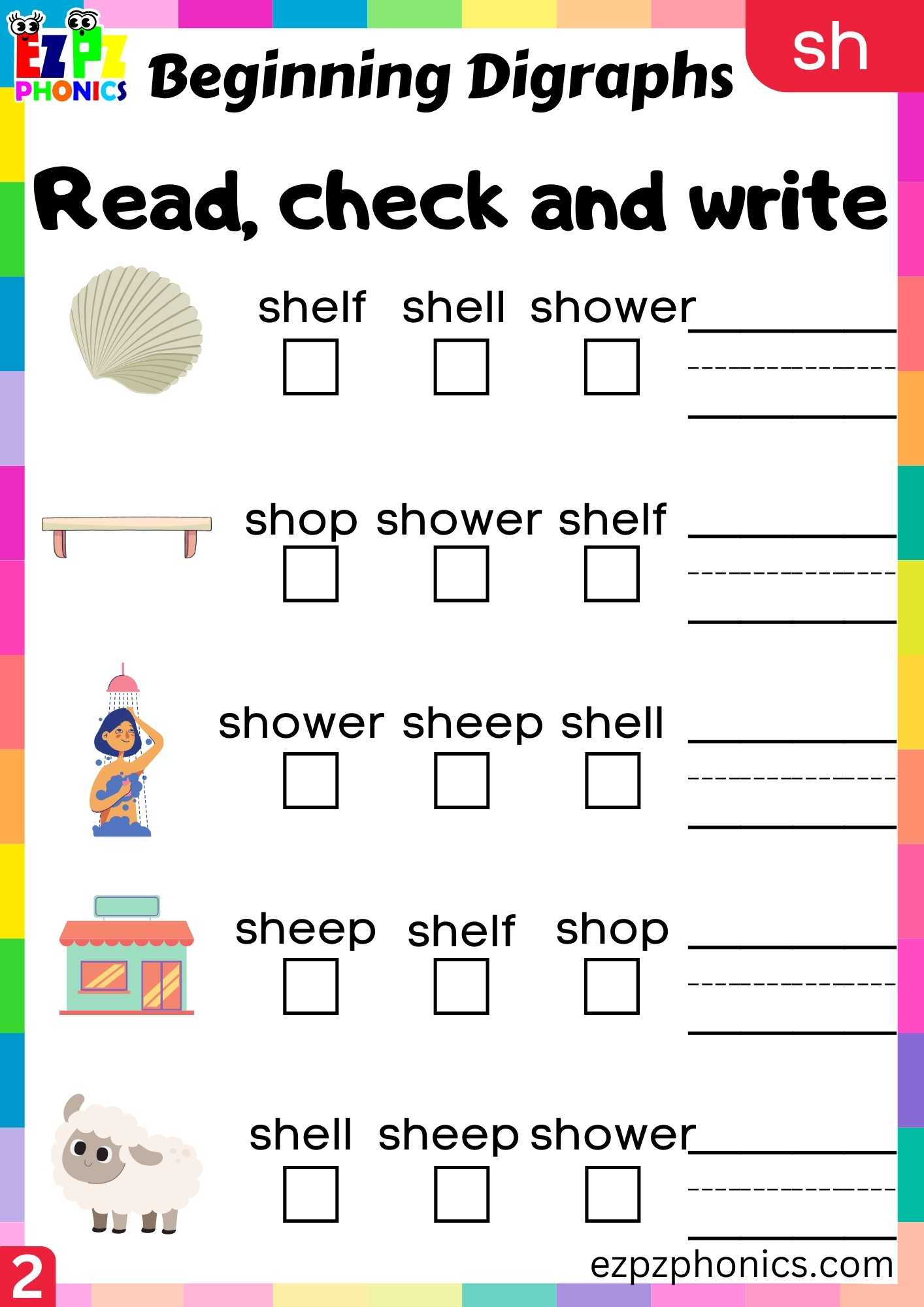Group2 SH Words Read, Check And Write Consonant Digraphs Phonics